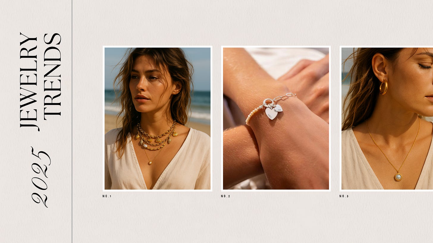 Minimalist jewelry flat lay with layered gold necklace, pearl bracelet, hoop earrings, and pendant on a neutral background