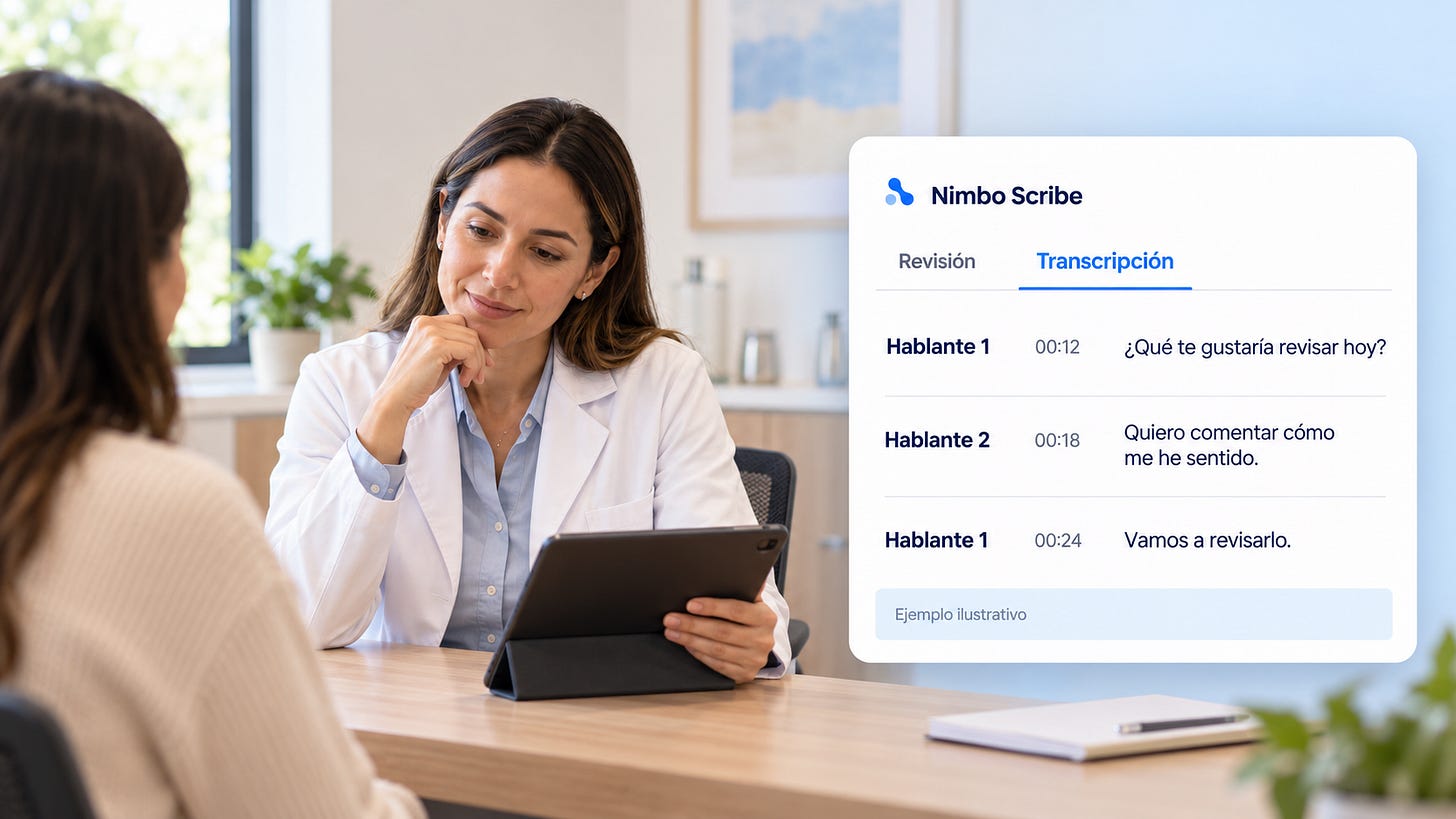Médica revisando una tableta junto a una ilustración de la transcripción de Scribe con hablantes y marcas de tiempo.