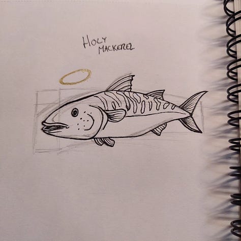 sketches of a shark and fish