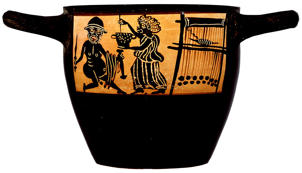 Boeotian black-figure skyphos depicting Odysseus and Circe, 400–300 BCE. AN1896-1908.G.249 Black-figure skyphos depicting Odysseus and Circe