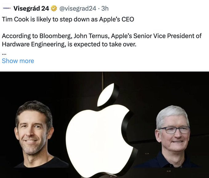 Side-by-side portraits on a black background feature John Ternus a man with short brown hair smiling while wearing a black t-shirt on the left and Tim Cook an older man with glasses and white hair wearing a dark shirt on the right. A large glowing white Apple logo is centered between them. The Bloomberg logo appears at the top left with text overlay stating Tim Cook is likely to step down as Apples CEO.