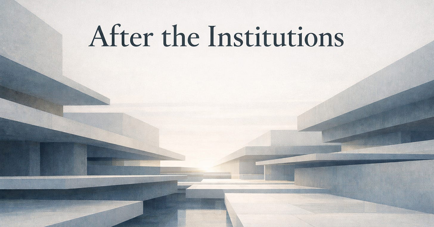 "After the Institutions" Article Title Image showing White-Gray buildings