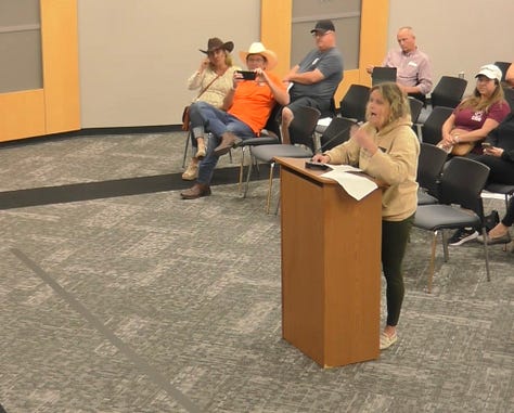 A parent demands district superintendent Theresa Williams look at her while she complains about books in Plano ISD