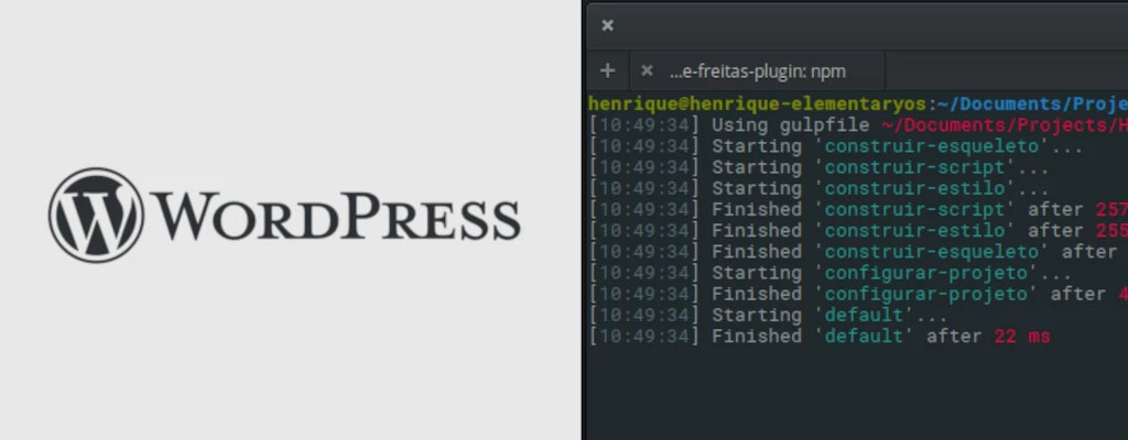 Wordpress logo side by side with a command line interface showing some of Gulp's outputs.