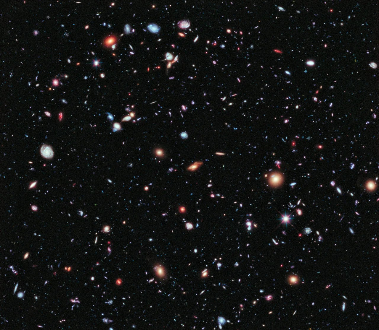 The field of view is filled with galaxies in all shapes and sizes. Colors range from red to blue and those in between. The field of view is filled with galaxies in all shapes and sizes. Colors range from red to blue and those in between.