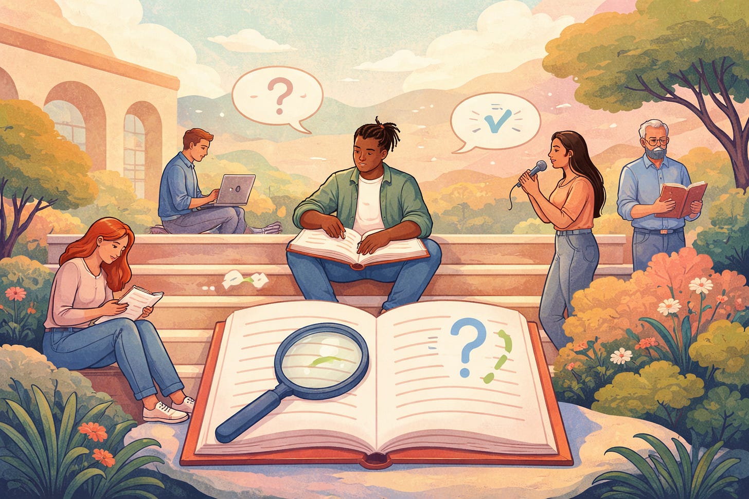 Group of people on stairs reading, speaking, and learning