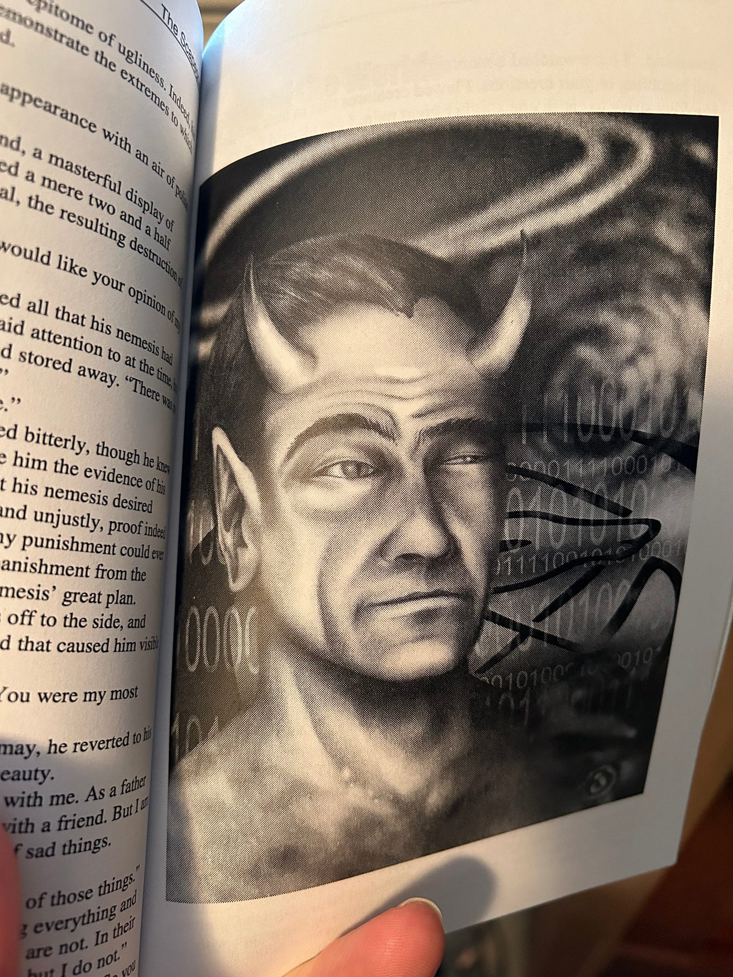 drawing of Lucifer, a pleasant looking fellow with horns protruding from his head, in the void