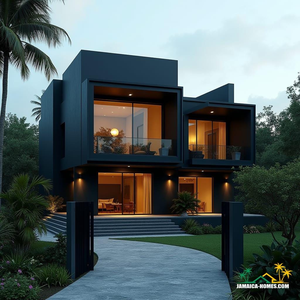 A striking modern black Caribbean cottage in Jamaica, nestled near the beach. The architecture features bold, square, solid lines, with cubic forms stacked in a contemporary Gothic-inspired style. Large, protruding window boxes are framed in matte black steel and concrete. Oversized square windows jut outward, offering views of the turquoise sea and lush tropical greenery. Warm golden interior lighting glows through the solid glass, contrasting with the deep black exterior. The landscape includes tropical palms, flowering plants, and a sleek stone driveway leading to a modern black gate. Cinematic film still, shot on v-raptor XL, film grain, vignette, color graded, post-processed, cinematic lighting, 35mm film, live-action, best quality, atmospheric, masterpiece, epic, stunning, dramatic.