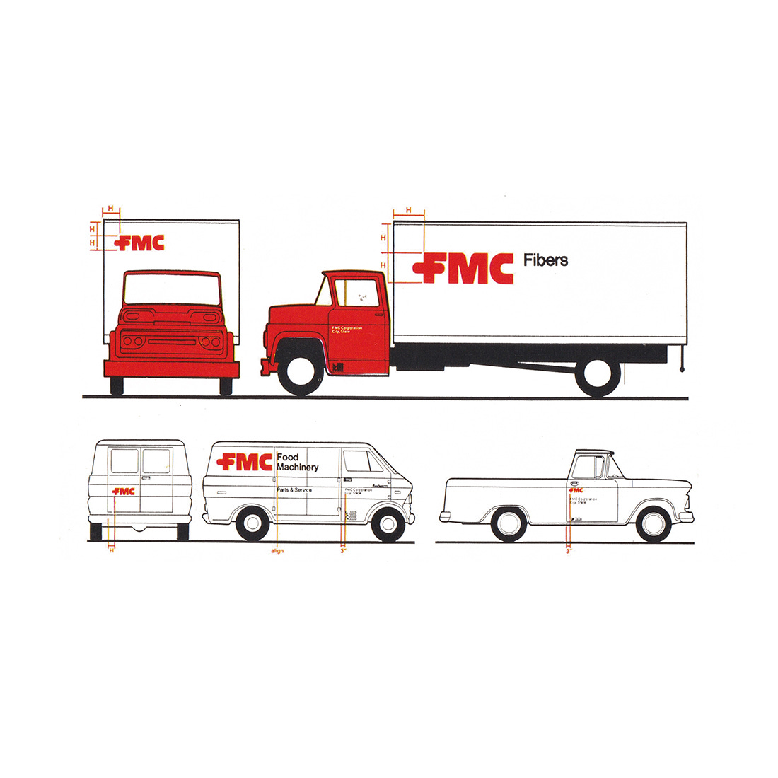 Lippincott & Margulies' 1972 logotype and vehicle liveries for American chemicals and fibre manufacturer FMC