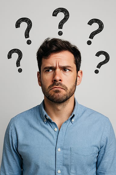 create an image of a man with a puzzled look on his face and question marks around his head