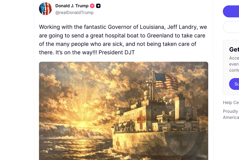 President Donald Trump's February 21, 2026 Truth Social post in which he claims he will send a hospital ship to Greenland. No orders to deploy a Navy hospital ship to the region ever materialized (Truth Social/@realDonaldTrump)