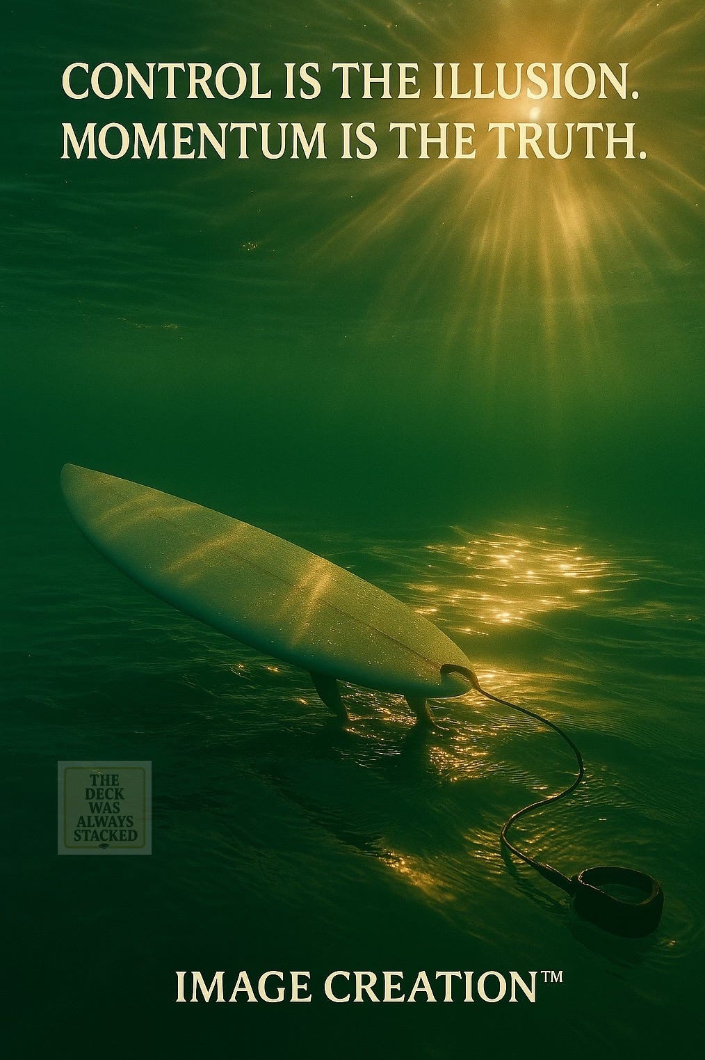 Image of surfers board ocean green and translucent light Control is the Illusion.