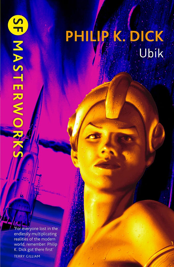 cover of "Ubik" - yellow alien woman overtop neon purple, cover of "Wasp" - guy dressed in flying gear with big bug goggles on catching a giant bug flying above him
