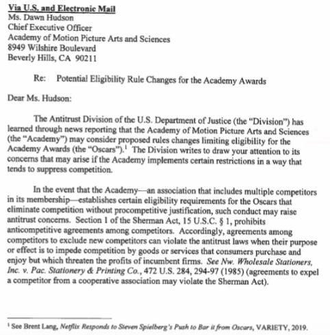 Department of Justice letter to Academy regarding Netflix. Department of Justice letter to Academy regarding Netflix.