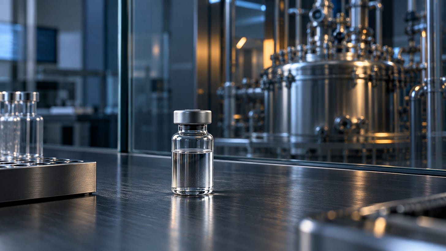 A clear reagent vial sits on a cool blue laboratory bench, with a softly blurred stainless vessel behind glass.