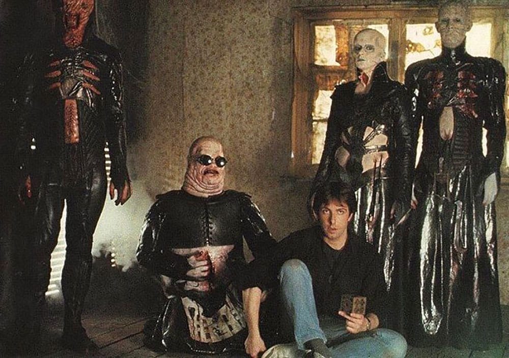 In order: Chatterer, Butterball, Clive Barker, Open/Deep Throat, and Pinhead on the attic set of ‘Hellraiser.’ In order: Chatterer, Butterball, Clive Barker, Open/Deep Throat, and Pinhead on the attic set of ‘Hellraiser.’