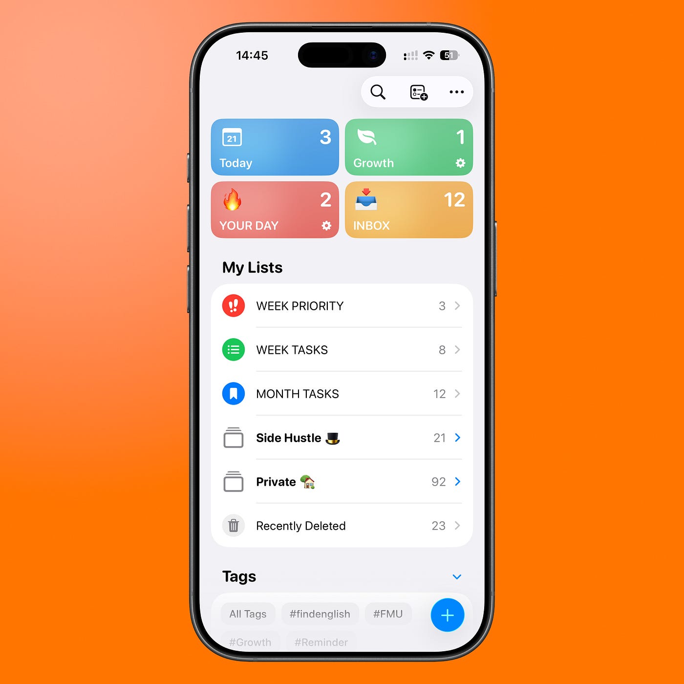 Main view of Apple Reminders on iPhone 16 Pro