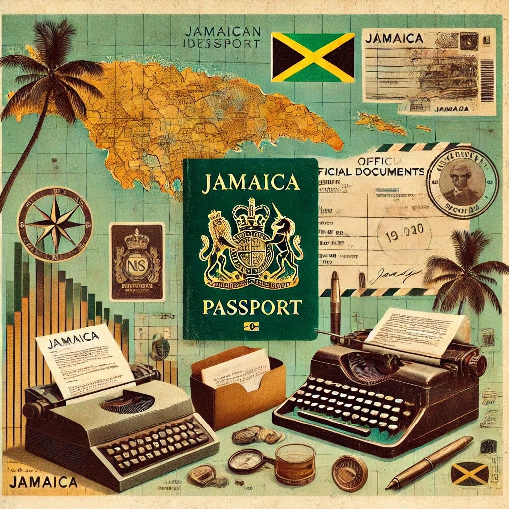 vintage-style montage representing the theme of reconnecting with Jamaican identity and replacing lost official documents.