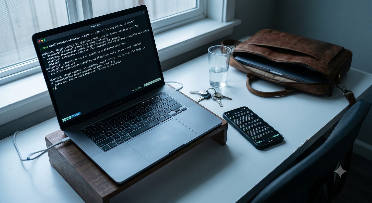 A laptop with a live Claude Code terminal session sits on a desk, screen visible. Beside it, a phone displays the same session — same terminal output, mid-task. The laptop bag is open in the background. The work kept moving.