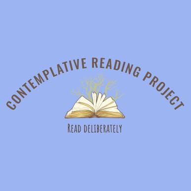 Contemplative Reading Project logo of open book with tree growing from it. Caption "read deliberately."