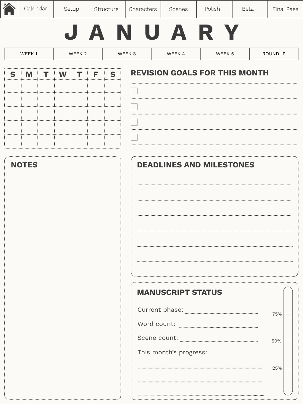 A sample page from The Revision Planner for Writers showing the January month at-a-glance.