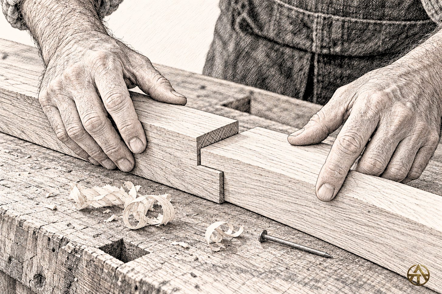 A craftsman's hands test the fit of two shaped pieces of wood; curled shavings and a small nail lie on the workbench.