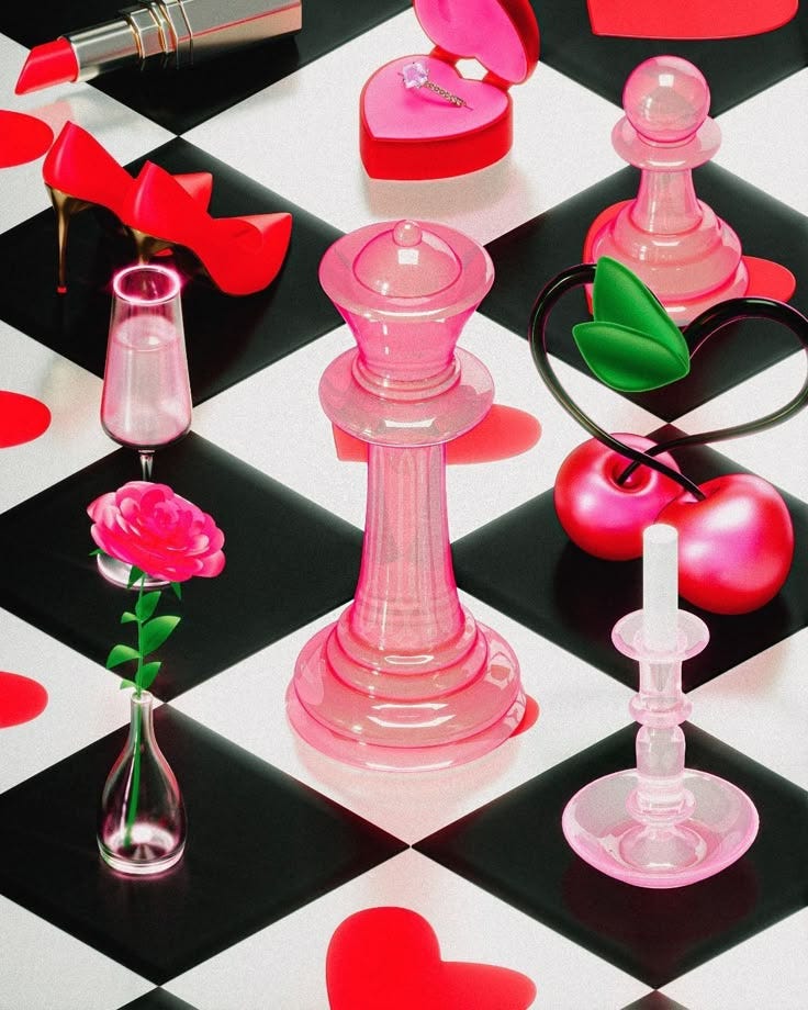 This may contain: a chess board with pink and red accessories on it's surface, including a rose