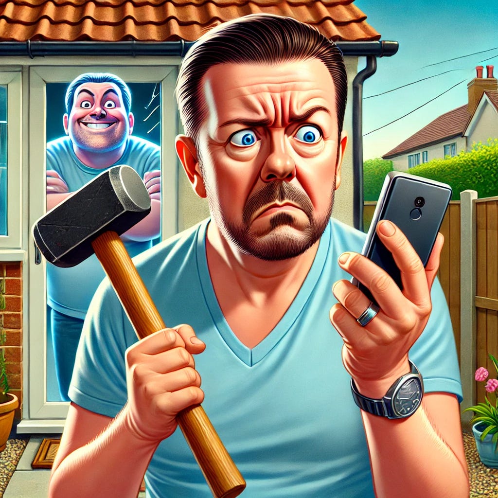 A comedic scene featuring Ricky Gervais in his 50s, chubby, moderately handsome, standing outside his house with a hammer raised, about to smash his smartphone on the pavement. His expression is exaggeratedly paranoid and confused. In the background, a ghostly version of himself smirks mischievously, as if he's the one who sent the mysterious email. The setting is a modest suburban house with a garden shed nearby. The overall art style is vibrant and cartoonish, with exaggerated facial expressions and dynamic motion lines.