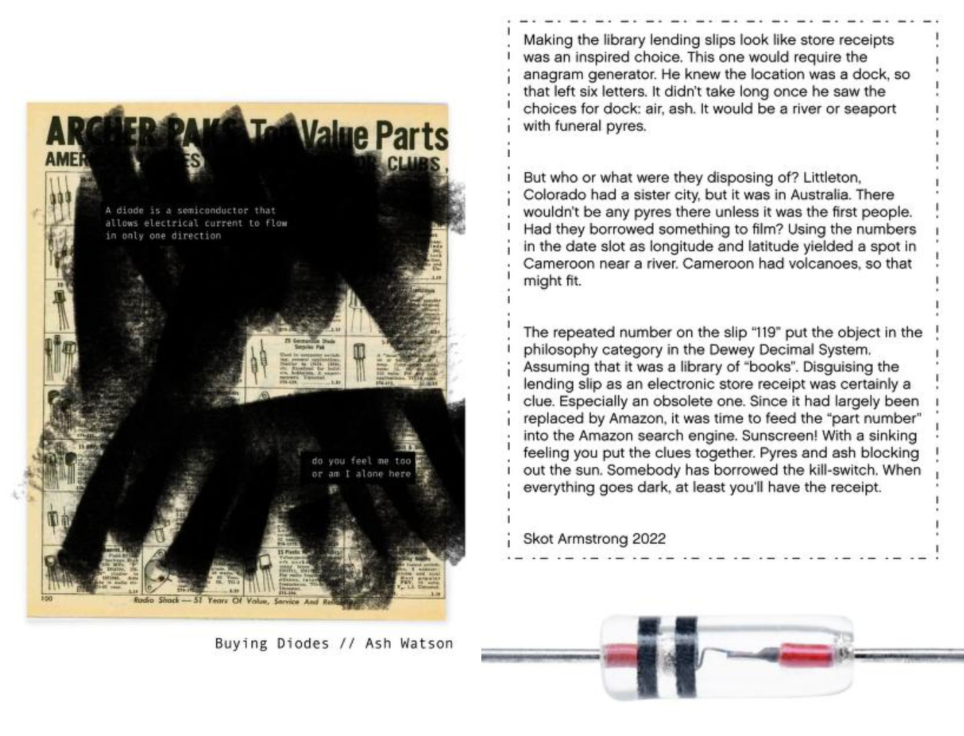page spread from ephemerMAL 2. has "Buying Diodes" collage art by Ash Watson, an image of a diode, and a piece of short fiction from Skot Armstrong