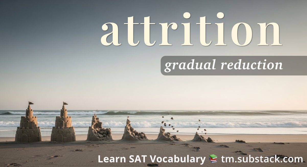 A photorealistic beach scene showing a line of sand castles in progressive stages of erosion from ocean waves. The first castle on the left stands intact with flags, the second is partially crumbled, the third is half destroyed, the fourth is mostly a small mound, the fifth has been almost completely washed away, and the sixth is unrecognizable as a sand castle. The image demonstrates gradual wearing away over time. Set against a serene ocean backdrop; used to illustrate the SAT word 'attrition'.
