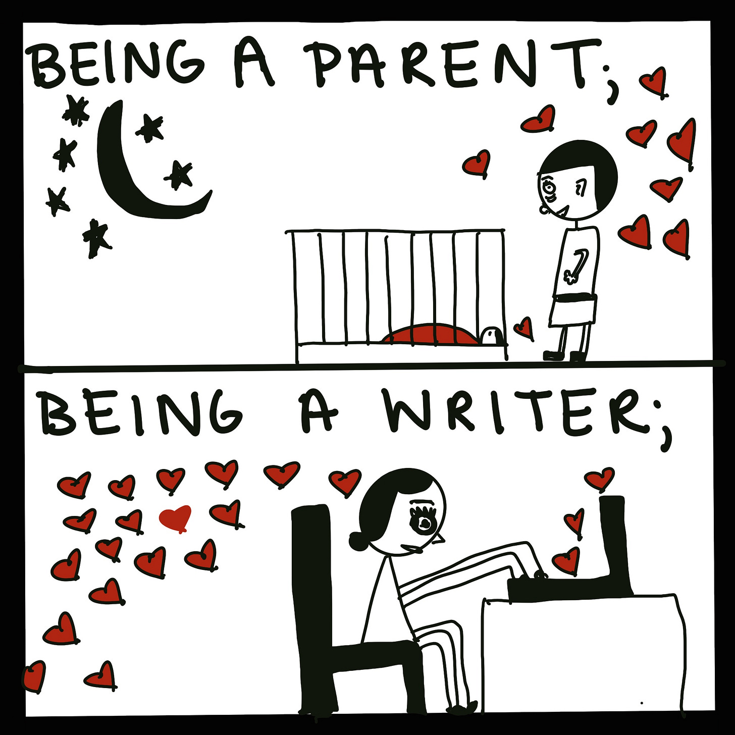 illustration of parent looking at baby in crib with moon/starts and text, "being a parent;" + illustration of woman at typewriter with hearts and text, "being a writer;"