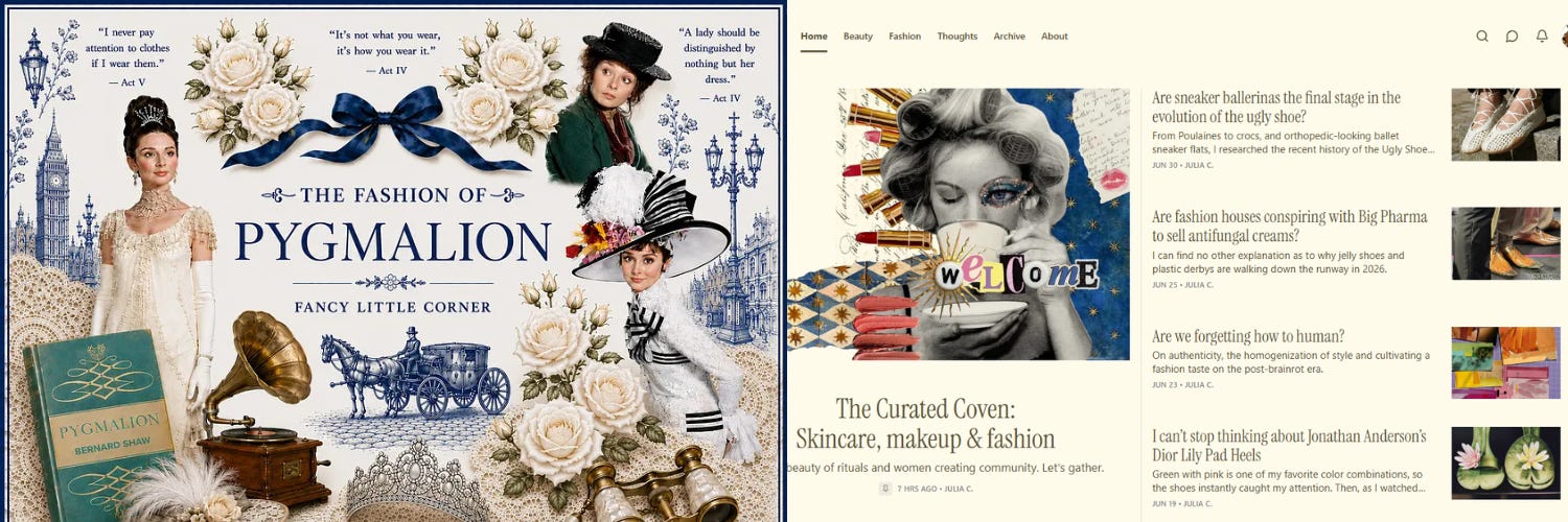 A collage featuring Audrey Hepburn from Fancy Little Corner, and a screenshot of the home page of The Curated Coven.