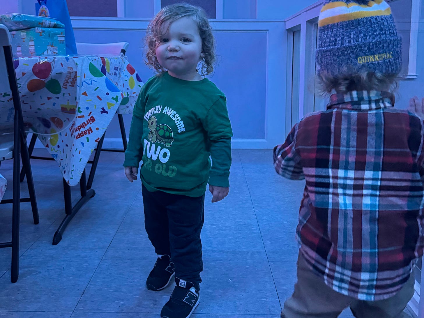 Toddler with curly blonde hair poses proudly wearing a "Turtley Awesome Two Year Old" tshirt. Toddler with curly blonde hair poses proudly wearing a "Turtley Awesome Two Year Old" tshirt.