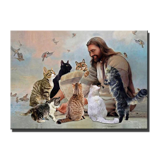 Jesus God Surrounded By Cats Diamond Painting Christian Embroidery Diamond  Mosaic Cross Stitch Home Decor Christmas