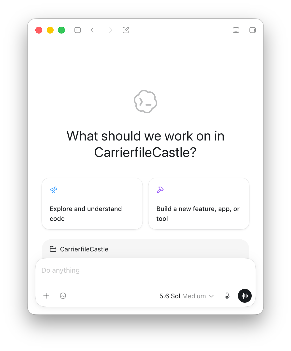 Image showing a screenshot of the ChatGPT Codex app with Carrierfile Castle linked