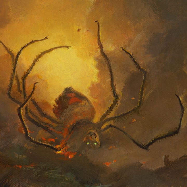 LEFT: Creature detail from IT WRITHED IN THE EMBERS featuring Mordred in spider form with green eyes glowing. It rolls on its back with legs flailing—only 7 left now. Flame spreads from its left half. A red hourglass marks its exposed belly, part of which has been blown off.  RIGHT: Figure detail from IT WRITHED IN THE EMBERS featuring Roland standing in judgment. His left hand is balled in a fist. He holds his pistol loosely pointed to the ground in his maimed right hand. Next to him a gnarled tree trunk twists upward to skeletal branches.