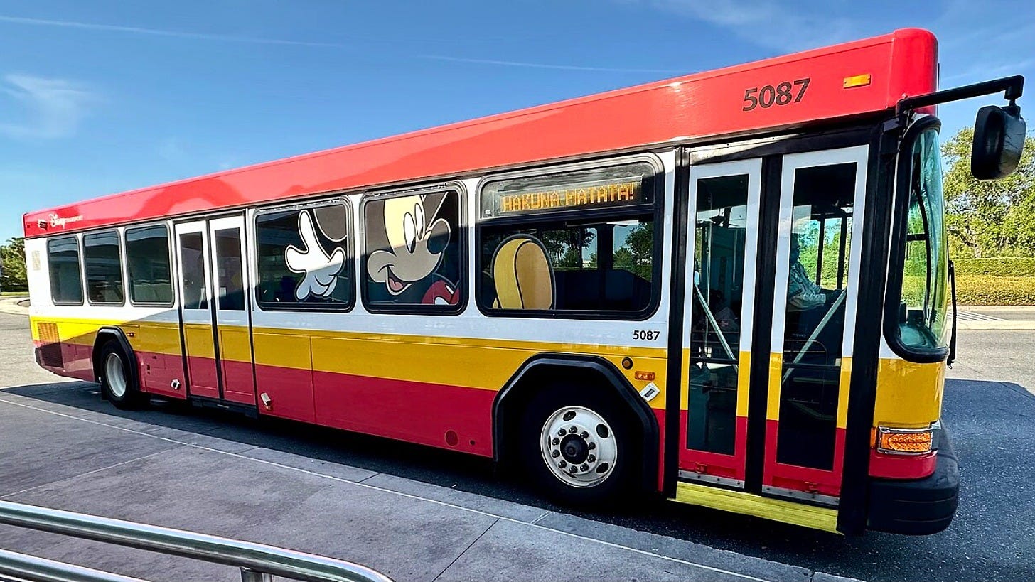 A Disney Transport bus at Walt Disney World. Image: RickyCourtney via Wikimedia Commons A Disney Transport bus at Walt Disney World. Image: RickyCourtney via Wikimedia Commons