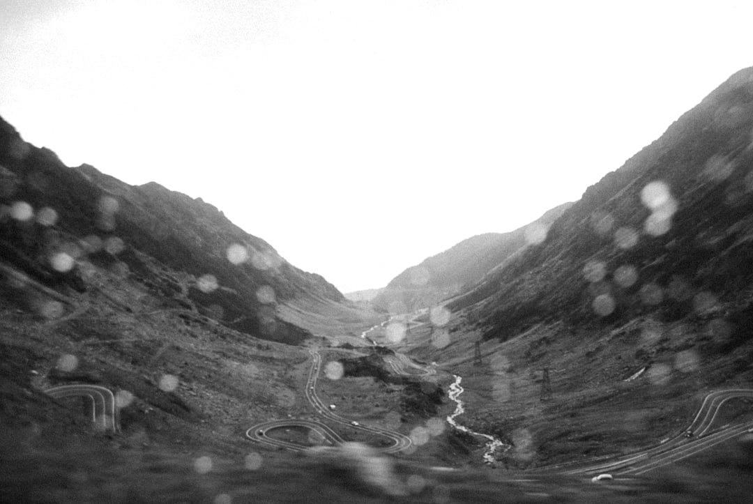 top view of road in between mountains