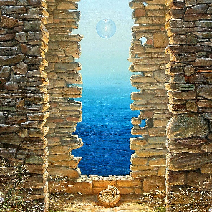 LEFT: Detail from the ruins in TIME AND TIDE featuring a nested opening leading to cool blue sea. A transparent sphere containing a solitary flame floats out to pale blue sky. As if left behind, a spiral ammonite fossil leans against the cream colored stone at the base of the opening, RIGHT: Close detail from TIME AND TIDE featuring the spiral of an ammonite fossil resting against stone at the base of an opening providing a view out to sea. The wall of the ancient ruins is wheat colored, a warm contrast against the cool ripples of the cobalt sea beyond. Wild vegetation grows up a pill. Hidden among the leaves is the artist's simplified sigil, a combination of the letters M and W.