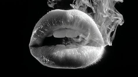 A six-image gallery showing close-up studies of Black lips in color and black-and-white, some parted as if mid-breath; silhouetted figures standing in architectural spaces divided by light and shadow; and abstract, glowing cellular forms resembling blood cells. The images move between intimacy and distance, echoing themes of voice, restraint, and survival under observation.