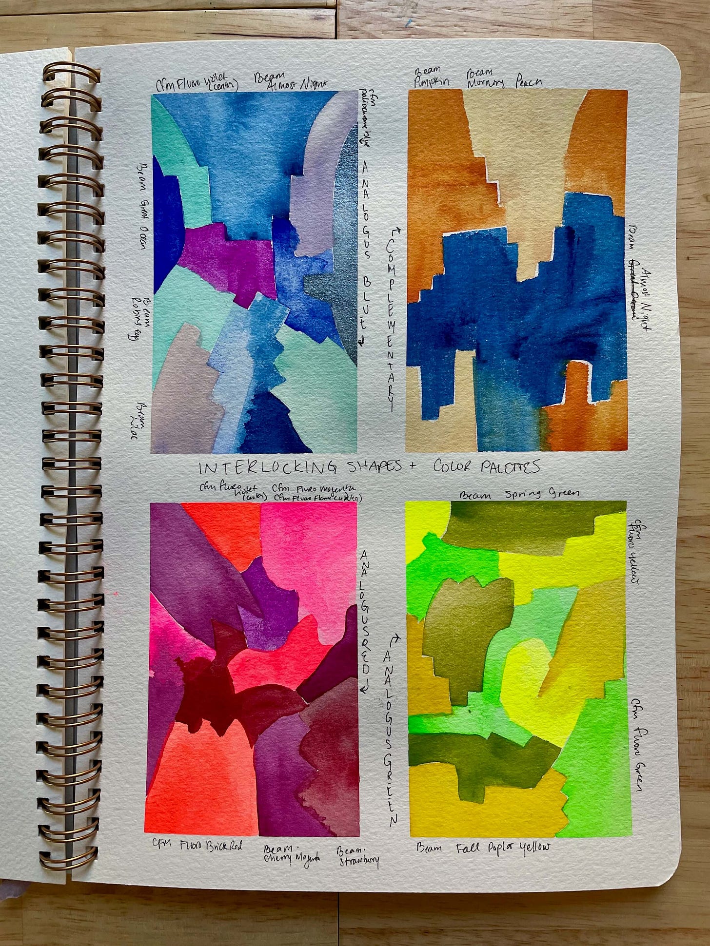 Four miniature abstract paintings using interlocking shapes and limited color schemes.