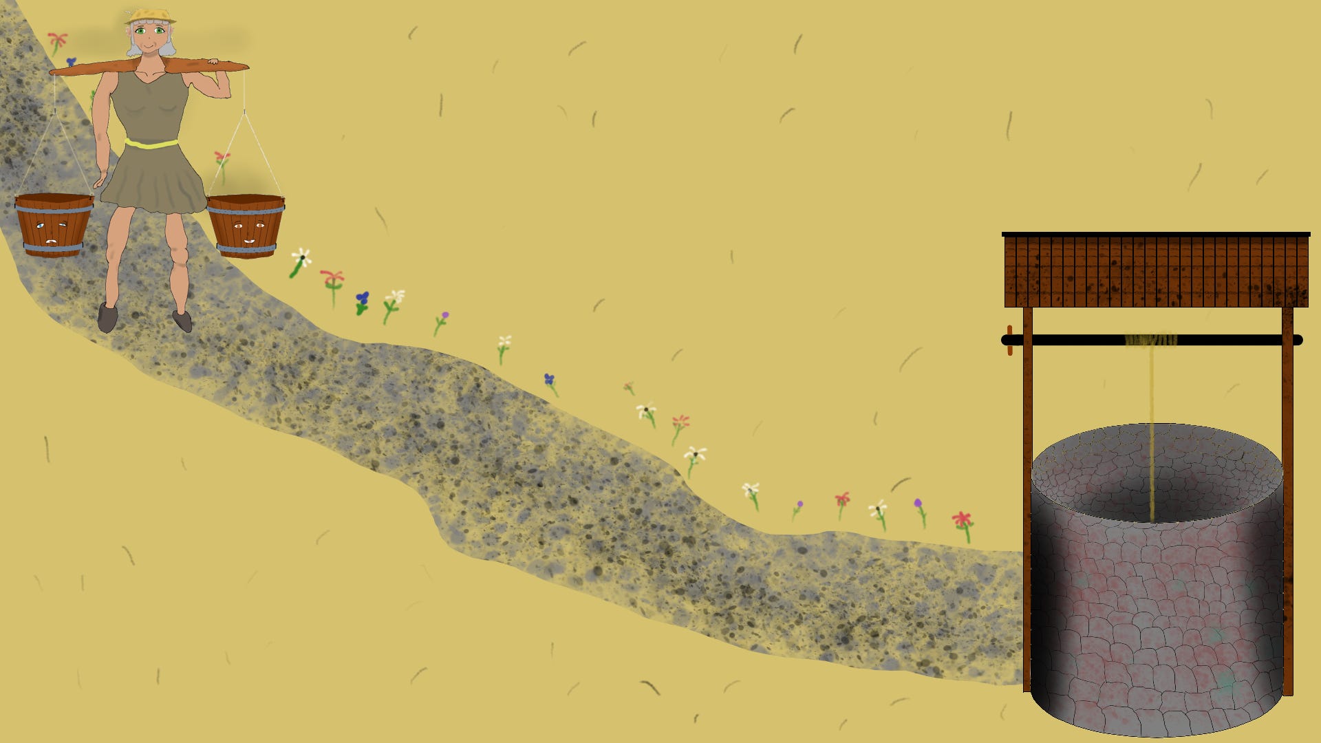 Lyla walking with her buckets to the well. Lyla walking with her buckets to the well.