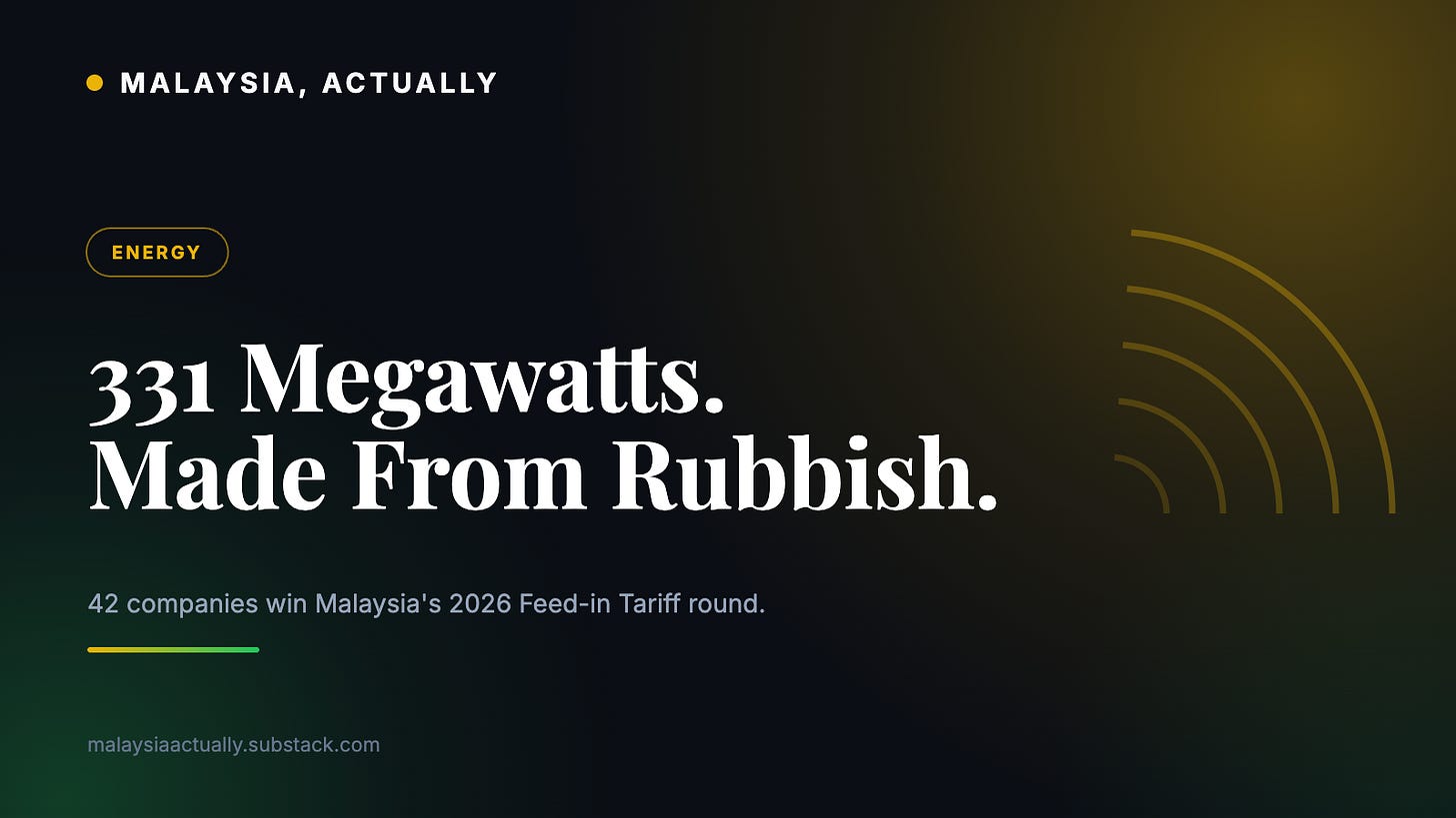 Yellow title card reading 331 Megawatts Made From Rubbish, with radiating power arcs and the Malaysia, Actually masthead Yellow title card reading 331 Megawatts Made From Rubbish, with radiating power arcs and the Malaysia, Actually masthead