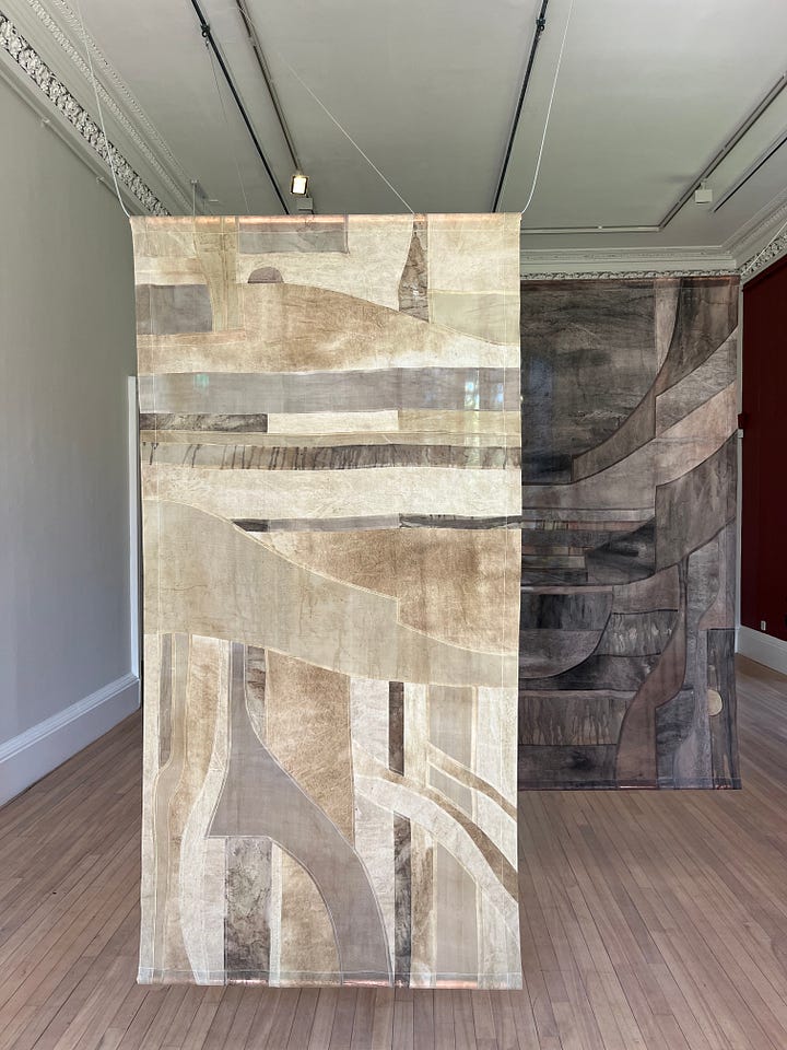 1-2. Louise Bennetts -- The Unconformities / fabrics handpainted with pigments from European soils
