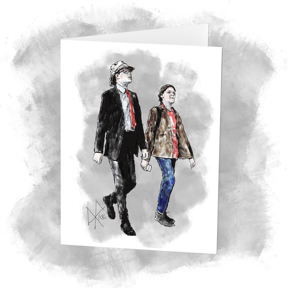 Two people walking on the sidewalk. The man wears a sunhat and suit. The woman is casually dressed and carries her phone. Sketch art by Don Rice. Two people walking on the sidewalk. The man wears a sunhat and suit. The woman is casually dressed and carries her phone. Sketch art by Don Rice.