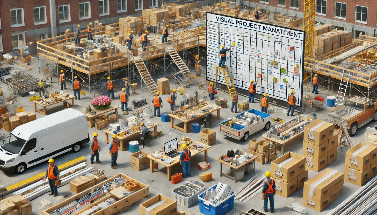 A hyper-realistic image of a construction project site showing a well-coordinated Lean Construction process. Multiple teams such as carpenters, electricians, plumbers, construction managers, and designers are working efficiently. A visual project management tool, like a Kanban board, is displayed prominently with clearly labeled tasks, and team members are interacting with it to track real-time progress. Boxes of materials are organized in small, labeled stacks indicating ‘Just-in-Time’ delivery, ready for use in various phases of the project without excessive inventory cluttering the workspace. The site looks organized, with tools, materials, and workers aligned for optimal efficiency.