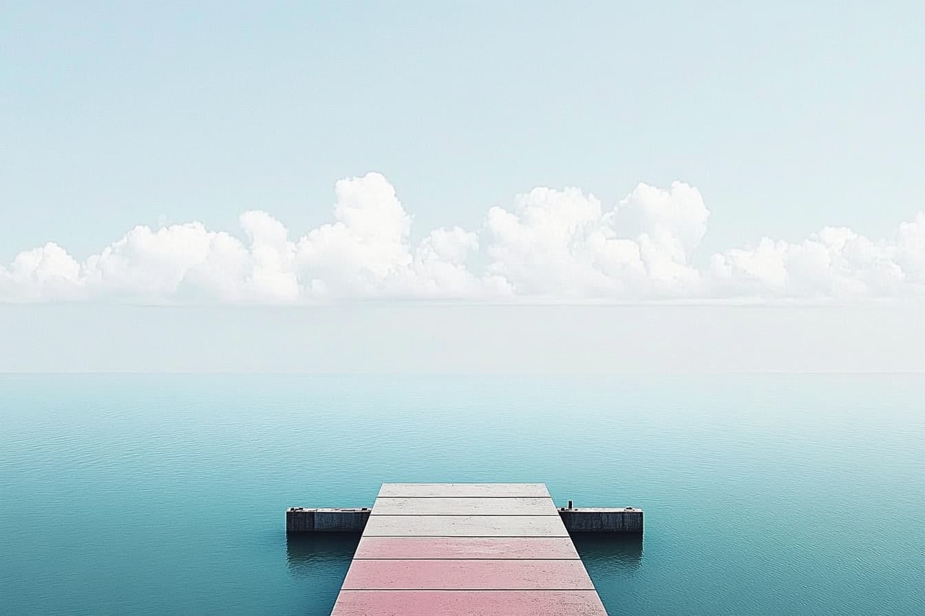 Illustration of a pier leading out into the ocean with large fluffy clouds in the background