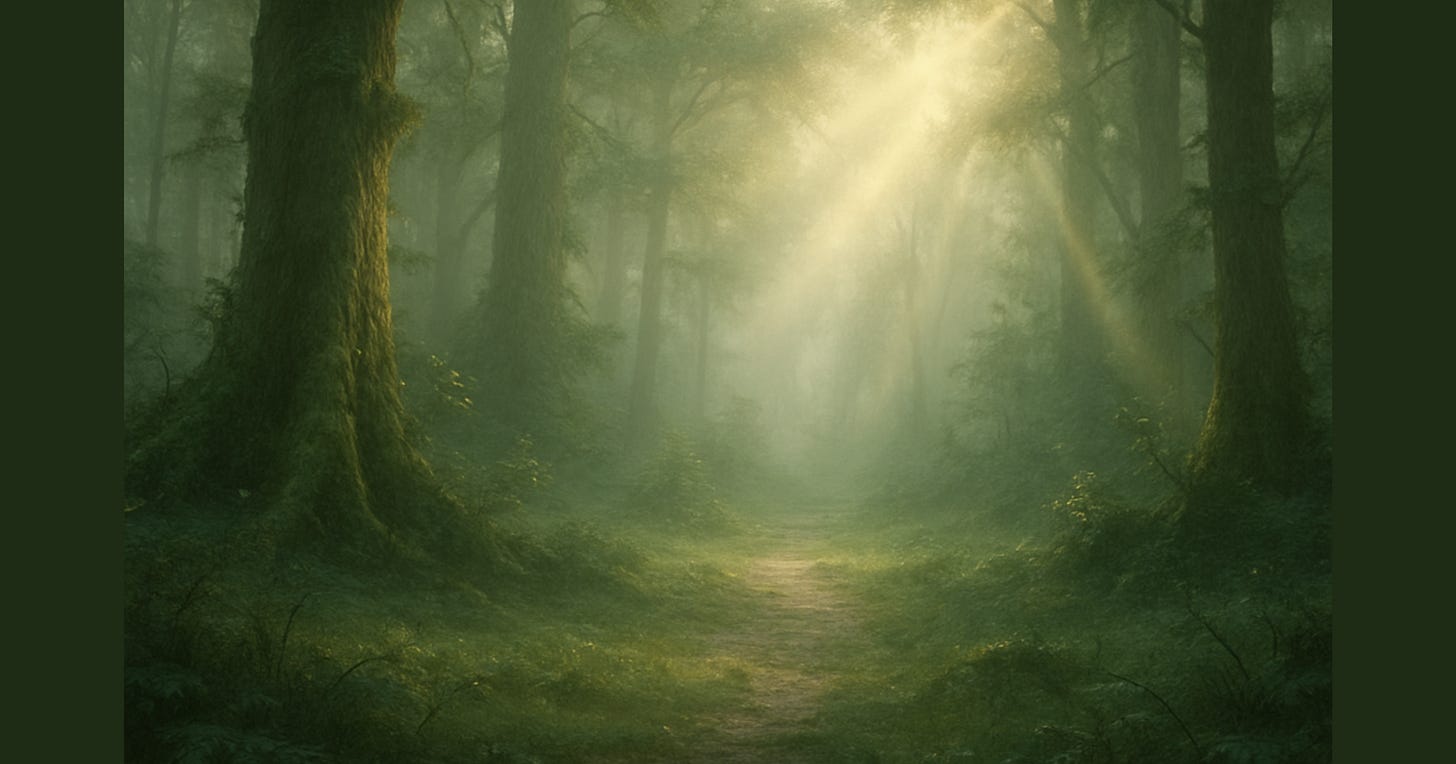 Soft painterly image of forest with morning light streaming through the trees onto a path. #TheVillageOfWings #AuthorHeatherMurata #EcoFantasy #EcoFiction #FantasyNovel