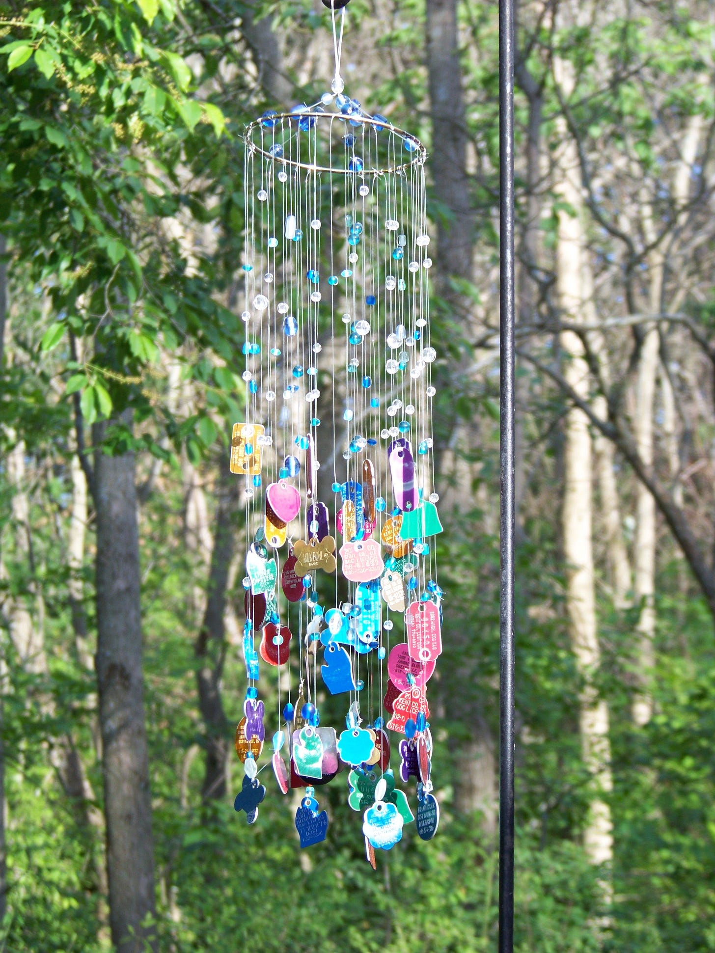 Metal pet tags strung up by fishing line and accented with beads