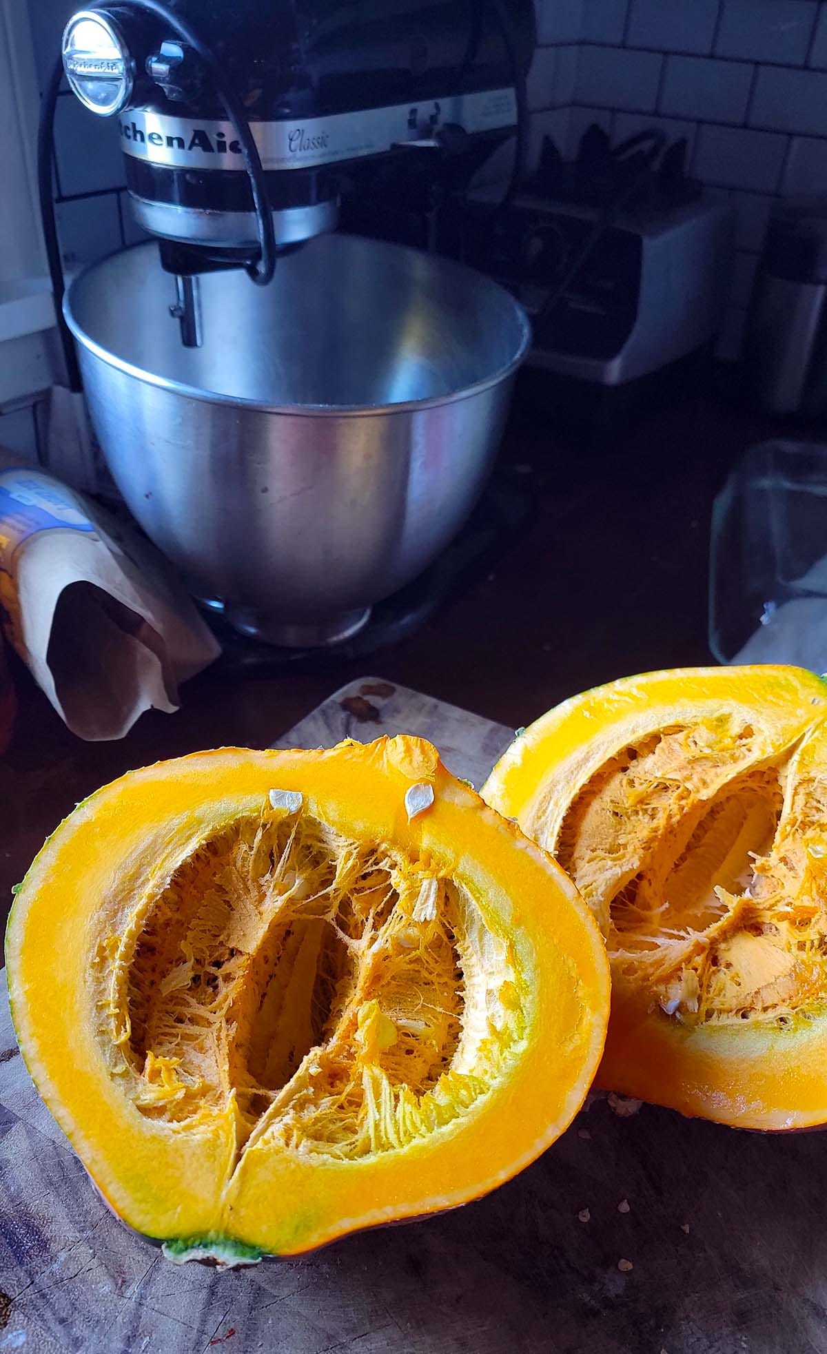 A Hidatsa squash cut open on a cutting board. 
